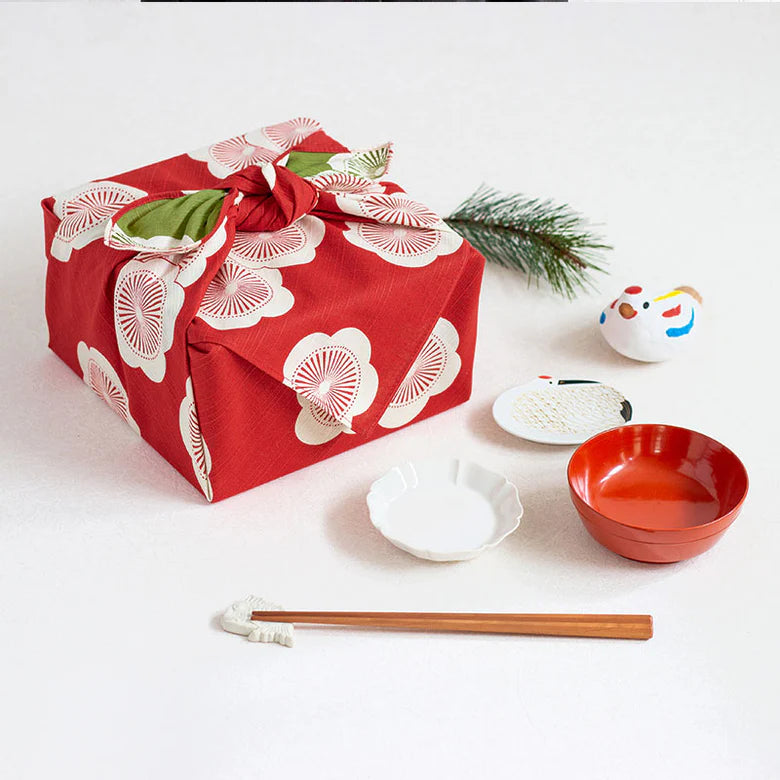 Cotton Furoshiki (70 cm) - Reversible Japanese Apricot Red/Green
