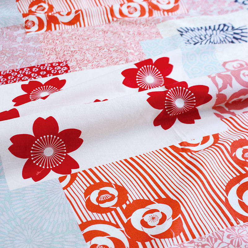 Cotton Furoshiki (150 cm) - Haregi-Tsutsumi Hana-Zukushi Red