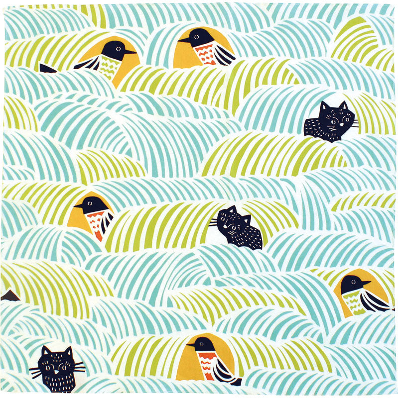Cotton Furoshiki (70 cm) - Kata Kata | Cats & Birds Green