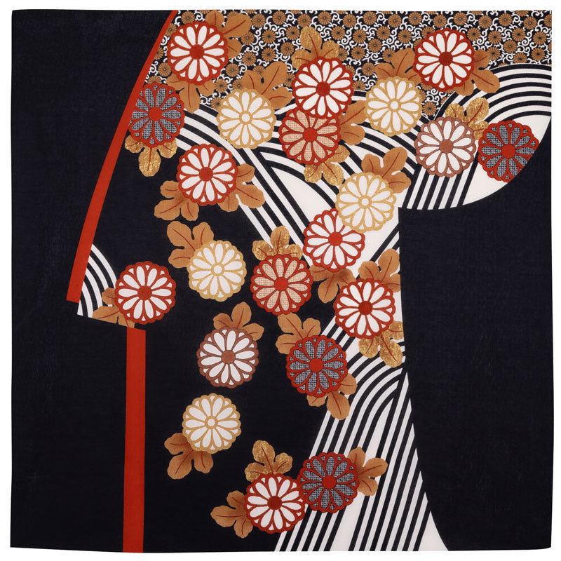 Cotton Furoshiki (120 cm) - Setsugekka Kimono with Chrysanthemum on Flowing Water | Black