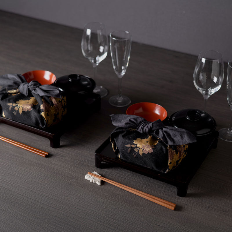 Cotton Furoshiki (58 cm) - Setsugekka Octagonal Tray with Cherry Blossom Pattern | Black