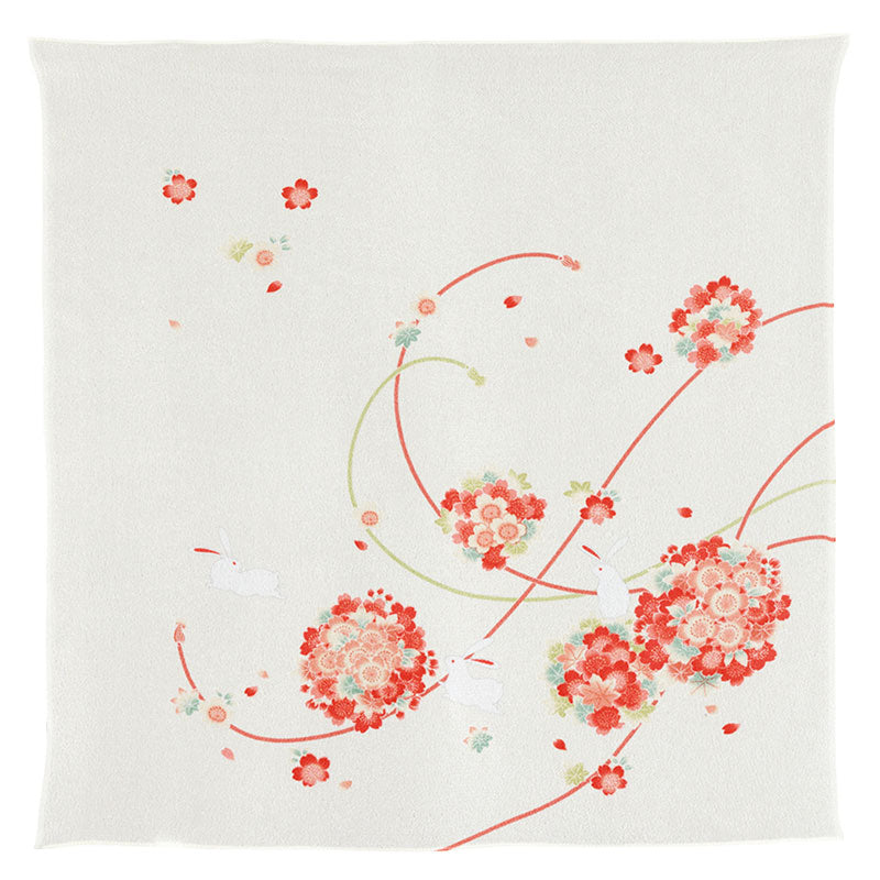 Rayon Chirimen Koyomi Furoshiki (68 cm) - Rabbits with Flower Balls Cream