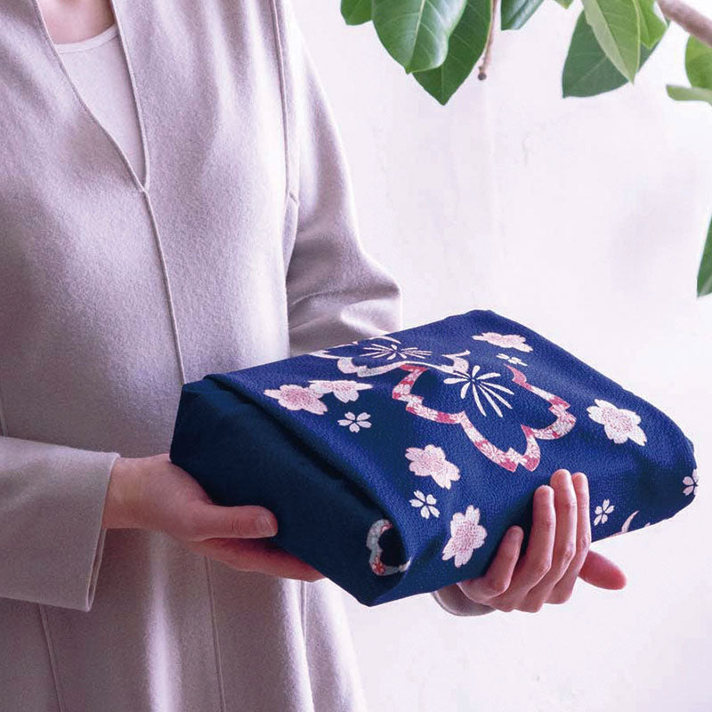 Rayon Chirimen Koyomi Furoshiki (68 cm) - Sakura on Navy Blue