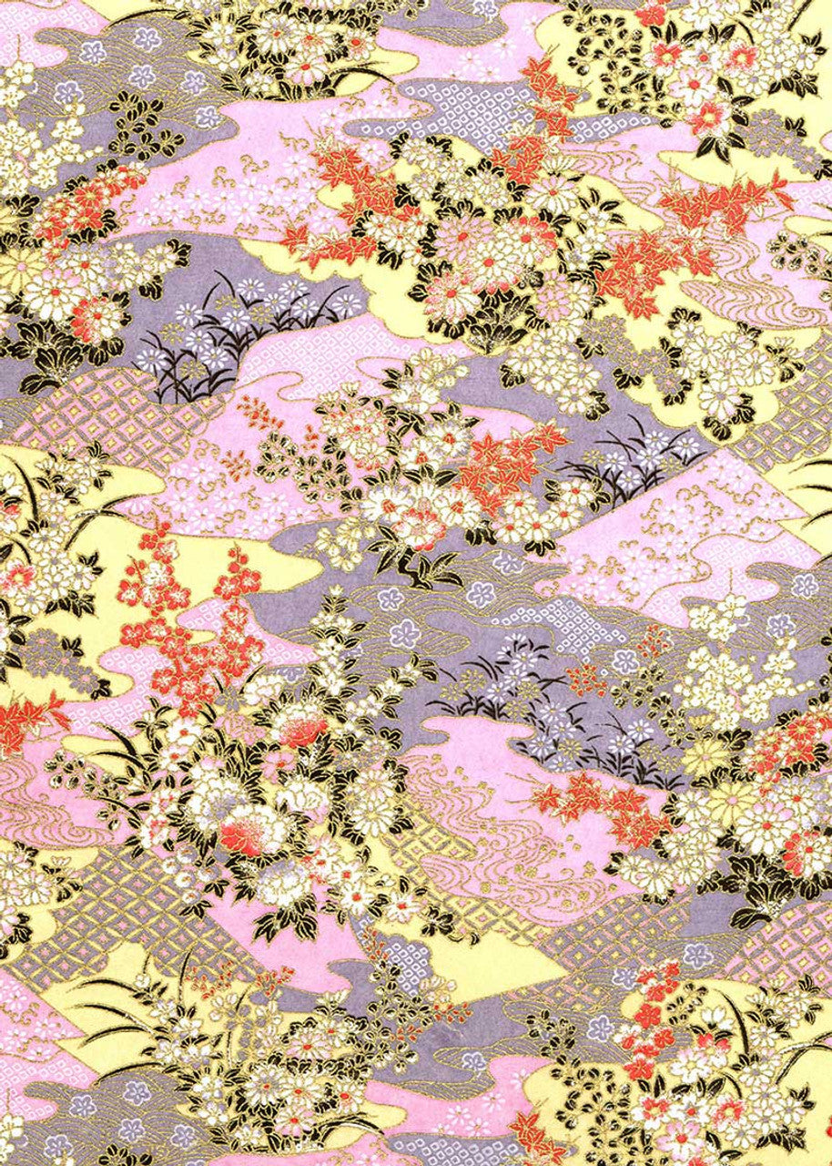 Chrysanthemum, Maple Leaves on Pink and Gray Background