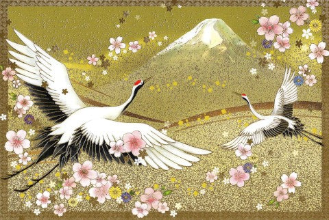 Gold Mt Fuji with Cranes and Cherry Blossoms Card