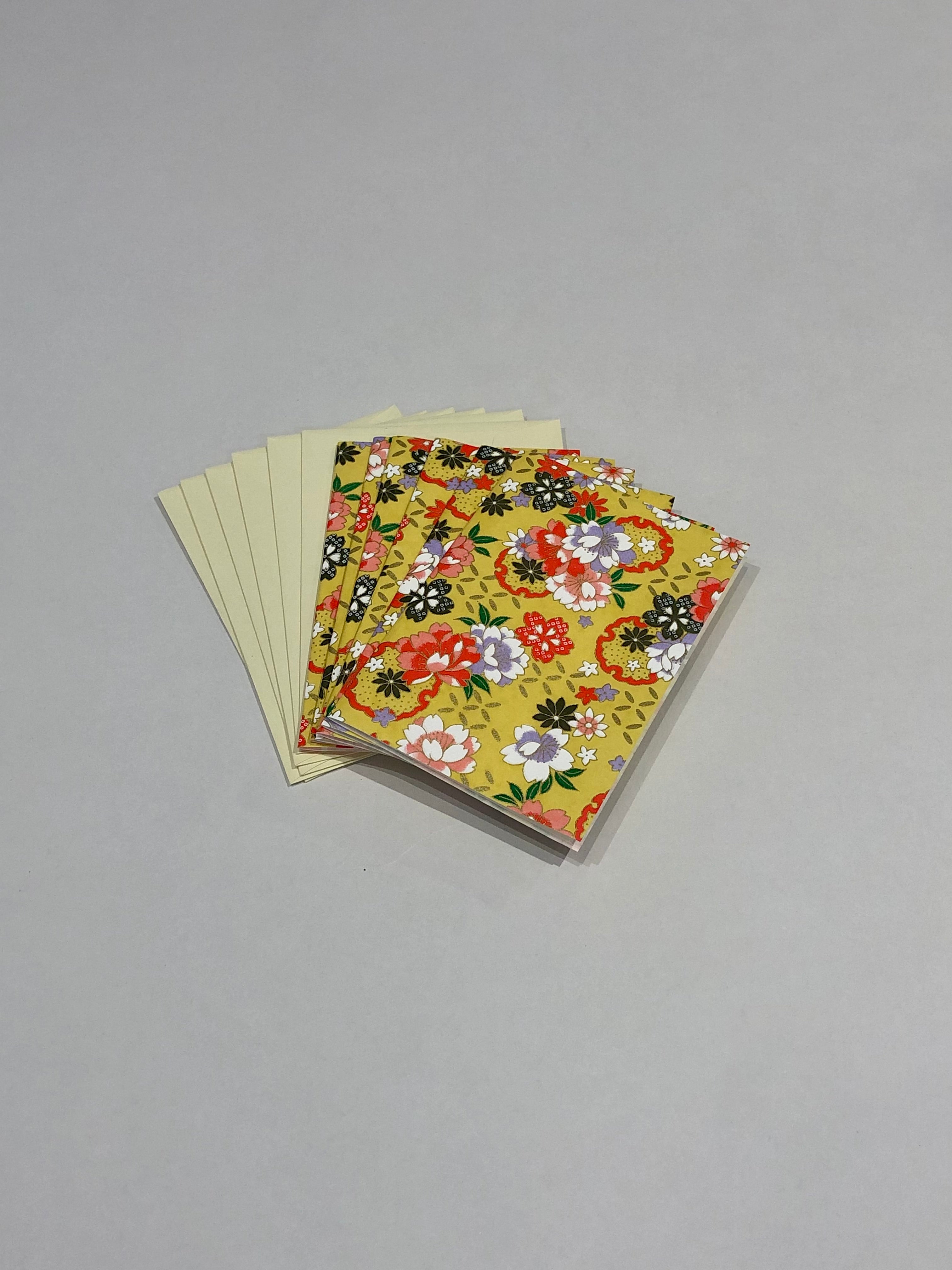 Handmade Boxed Yuzen Cards - Blossoms on Chartreuse